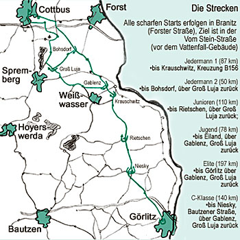 Der Streckenplan für das Radsport-Ereignis Cottbus - Görlitz - Cottbus am 30. April 2006.