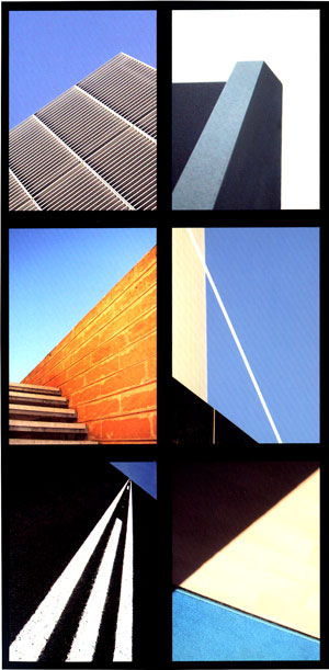 Farbfotografien in anderer Sicht. Im Uhrzeigersinn von oben links: Fassade in Erfurt, Druckzone Cottbus, Hoteleingang Dubau, Treppe in Pollenta. Arbeiten aus den Jahren 2001 bis 2003 