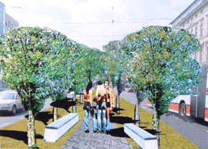 Dieser Entwurf von Claudia Böhm, Ines Bönisch und Kathleen Bierbaß setzt auf eine grüne Mittelinsel, an der der Verkehr in der Bahnhofstraße künftig rechts und links vorbeigeführt wird
