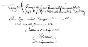 Paul Werners eigenhändige Eintragung ins Ehrenbuch der Stadt Cottbus: Am Tage meines Abgangs aus meinem Amt! Leben und Tod zusammen ist Leben. Cottbus am 31. März 1914. Werner, Oberbürgermeister