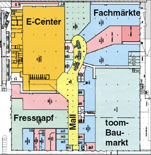 Unter den 30 Fachmärkten sind erstmals in Cottbus „Baby-Waltz“ und Teppich-Esser sowie der größte „Freßnapf“-Markt Ostdeutschlands auf 1.600 Quadratmetern. Die schmale gelbe Fläche markiert die Mall (Eingang unten), die künftig weiter ins Gebäude hineingeführt wird
