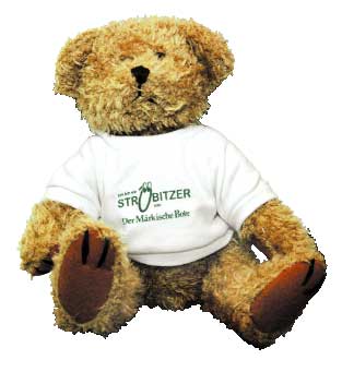 Den zottligen Ströbitz-Teddy gibts heute vom Traditions-Framo des Märkischen Boten. Er kostet zehn Euro; von jedem Bärchen gehen dabei drei Euro gleich vor Ort ins Sparkassen-Schweinchen für eine Wacker-Nachwuchsmannschaft