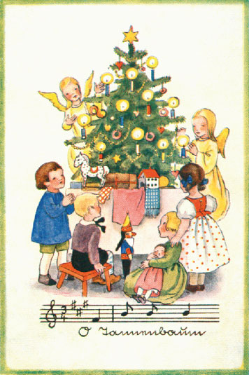 Weihnachtskarte von 1936. Es war die Zeit der Kaufmannsläden, Holzpferdchen und Puppenhäuser, die einige Jahrzehnte anhielt Historische Karte aus privater Cottbuser Sammlung