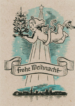 Erinnerungen älterer Leser berühren oft die unmittelbare Nachkriegszeit: Endlich war Frieden! In der Sammlung, aus der wir Beispiele zeigen, haben sich auch Karten von 1946 und 1947 erhalten. Es sind zweifarbig gedruckte Holzschnitte auf grobem, grauen Karton. Ein Stern sendet Hoffnung zu den Menschen in den Ruinen der Stadt...   Aus privater Cottbuser Sammlung