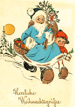 Der Weihnachtsmann musste nicht immer im roten Mantel kommen. Auch braun, grün, dunkles Gelb und - wie hier - blau waren beliebt. Nach der schwülstigen Grußmode der Kaiserzeit wurden die Bilder in den 20er Jahren und später locker bis witzig. Dieser Weihnachtsmann war samt Gehilfe in Siebenmeilenstiefeln 1933 unterwegs Aus privater Sammlung