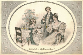 Von Berlin-Charlottenburg nach Genf in der Schweiz reiste diese Grußkarte im Dezember 1909. Ihr feines Motiv erzählt von Wohlstand und Sorglosigkeit. Die glückliche Familie scheint einem Modejournal des Jugendstils entstiegen zu sein. Immerhin erinnert sie uns an den guten Brauch, schon vor der Bescherung auf Fröhliche Weihnachten anzustoßen (Aus privater Cottbuser Sammlung)