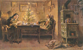 Die Idylle unterm Weihnachtsbaum - und sei sie auch schlicht und bescheiden - ist ein typisch deutsches Sittengemälde. Zumindest publizierte das schon vor 100 Jahren der Verein für das Deutschtum im Ausland e.V. mit dieser Weihnachts-Künstlerkarte. Paul Hey (1867-1952) war ein bekannter Münchener Maler, der in poetischen Bildern Volks- und Soldatenlieder illustrierte. Sehr bekannt wurden seine 100 Märchenillustrationen auf Reemtsma-Zigarettensammelbildern, die 1939 erschienen und einer ganzen Generation das Bild von Grimms Märchenfiguren gegeben haben (Aus privater Cottbuser Sammlung)