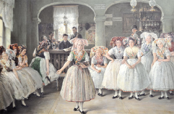 Dieses schöne Gemälde (Ausschnitt) befindet sich im Wendischen Museum in Cottbus. Es zeigt vermutlich eine Szene in Burg im Spreewald. Wo genau? Das würden auch die Fachleute im Museum gern wissen
