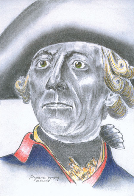 Der Preußenkönig Friedrich II., Porträt nach einem Reiterbildnis des Historienmalers Wilhelm Camphausen (1818 - 1885), gestochen 1860. Es zeigt den energischen König in der Periode nach dem Dresdener Frieden. Kolorierte Bleistiftzeichnung für den Märkischen Boten von Benjamin Herzog, Cottbus
