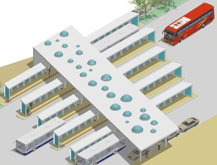 So wird der Spremberger Busbahnhof aussehen. Die Bus-steigüberdachungen bestehen aus Sichtbetonelementen mit transparenten Glaselementen. Ebenfalls aus Sichtbeton besteht das zentrale Hauptdach, welches durch Lichtöffnungen unterbrochen und aufgelockert wird. Das Zentraldach ist zehn Meter breit und wird von sechs Stützenpaaren getragen. Mit der Entscheidung für diese Variante, so der Bürgermeister Dr. Klaus Peter Schulze, habe sich die Stadt dafür entschieden, es ordentlich zu machen. Allerdings bedeutet dies auch, so der Bürgermeister, dass die Stadtsanierungsmittel für die nächsten Jahre im Busbahnhof umgesetzt sind. Nach Genehmigung des Haushaltes und Abschluss des Vergabeverfahrens ist eine Realisierung bis Jahresende vorgesehen Zeichnung: MKS