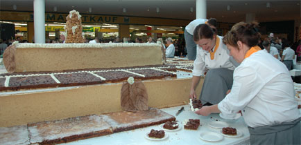 Rund 6.000 Stück der 6 x 6 Meter großen 20 Jahre LausitzPark-Geburtstagstorte wurden am Sonntag von den Besuchern restlos verputzt! Die Bäckereien Arlt und Lohse aus Cottbus sowie die VSG GmbH bauten sie unter der Glaskuppel auf. Auf dem Parkplatz sorgte die Feuerwehr  selbst Jubilar  mit Schauvorführungen für Aufsehen Foto: F. Heinrich