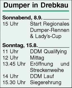 Dumper-Rennen sind eine echte ostdeutsche Tradition, die seit 2003 mit einer Deutschen Dumpermeisterschaft gekrönt werden. Der Drebkauer Andreas Kircher ist in diesem Jahr erstmals bei einer DDM gestartet. Der Ort ist gleichzeitig erstmals Gastgeber für die Fahrer aus ganz Ostdeutschland. Sehenswert sind auch die Rennen heute (Sa.) Foto: Volkmar Küch 